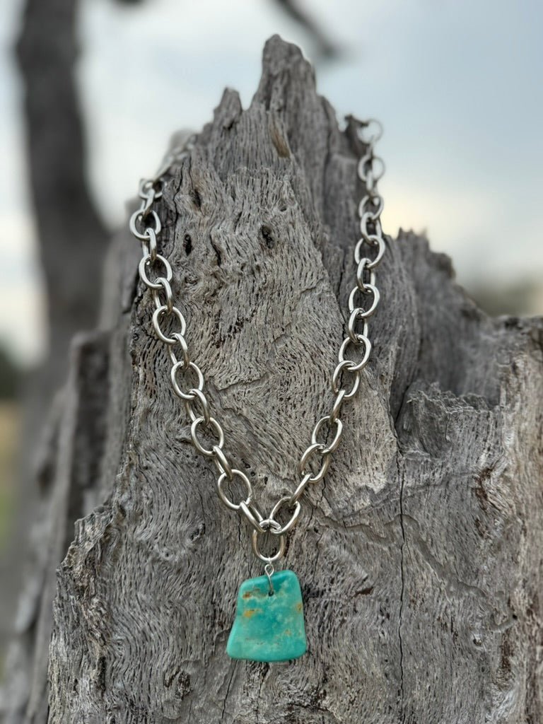 Turquoise Slab Pendant Silver Chain Necklace