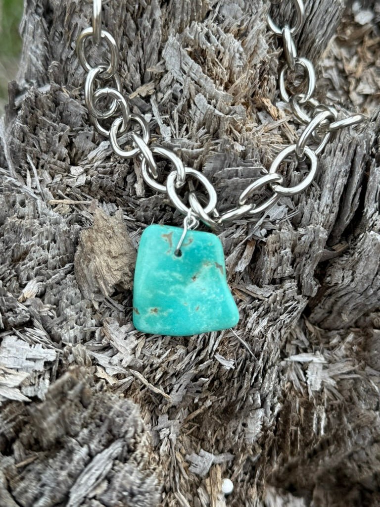 Turquoise Slab Pendant Silver Chain Necklace