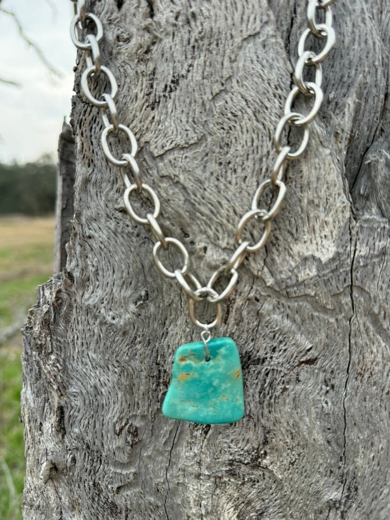 Turquoise Slab Pendant Silver Chain Necklace