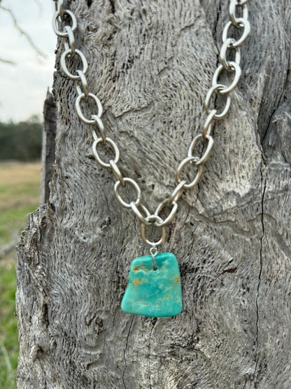 Turquoise Slab Pendant Silver Chain Necklace