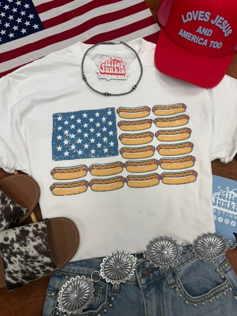 USA Hot Dog Flag Graphic TeeWhiteS