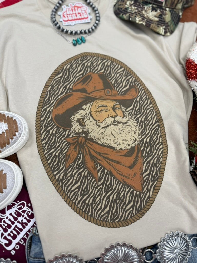 Western Cowboy Santa Zebra Print Graphic TeeTanS