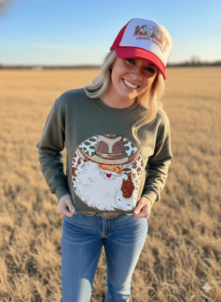Western Santa Sequin Patch SweatshirtDark GreenS