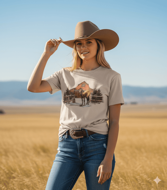 Western Winter Barn Christmas Graphic TeeCementS