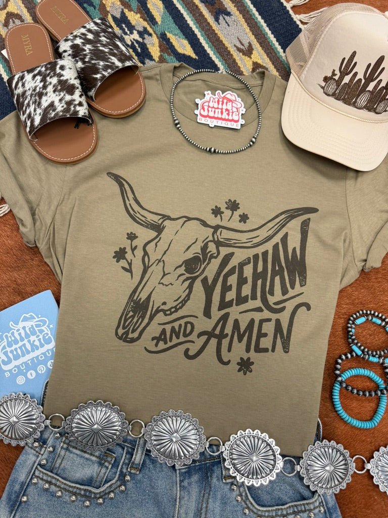 Yeehaw and Amen Longhorn Graphic TeeCoyote BrownS