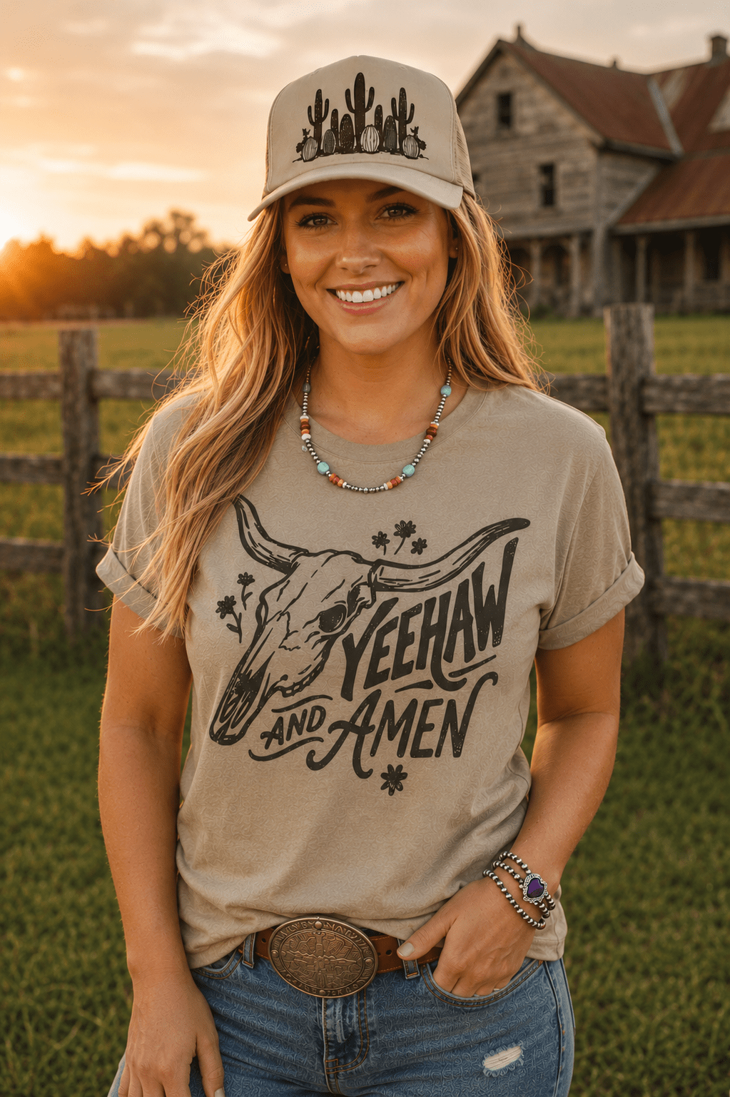 Yeehaw and Amen Longhorn Graphic TeeCoyote BrownS