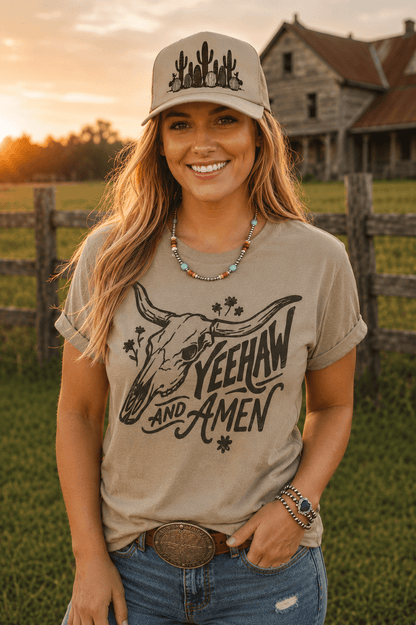 Yeehaw and Amen Longhorn Graphic TeeCoyote BrownS