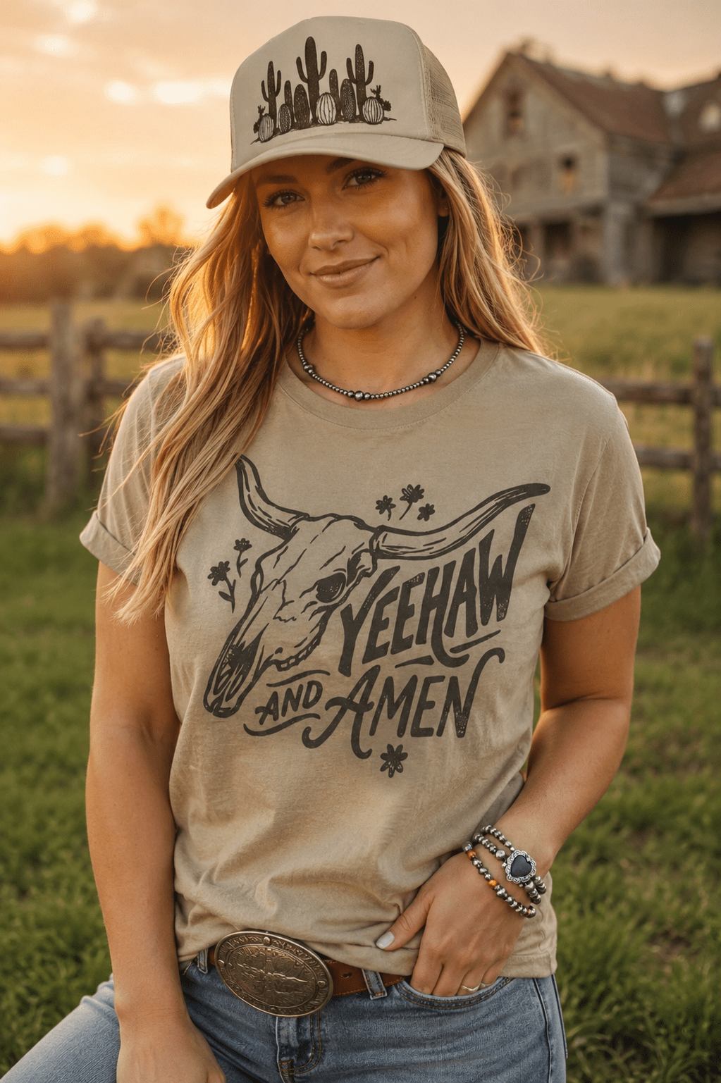 Yeehaw and Amen Longhorn Graphic TeeCoyote BrownS
